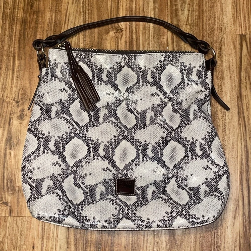 Dooney & Bourke Cream and Brown Snake Print Hobo Bag